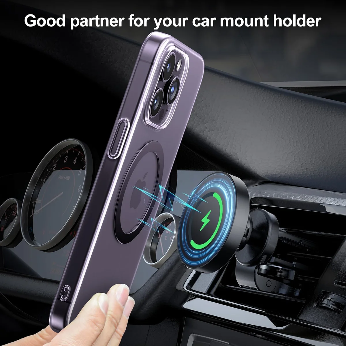 Magnetic phone accessory attached to a vehicle charging mount